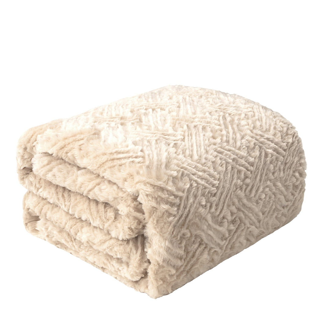 DaDalogy Bedding Champagne Ivory Faux Fur Throw Blanket - Dreamy Gold Geometric Embossed Sherpa Backside - Super Soft Warm Cozy Plush Fluffy