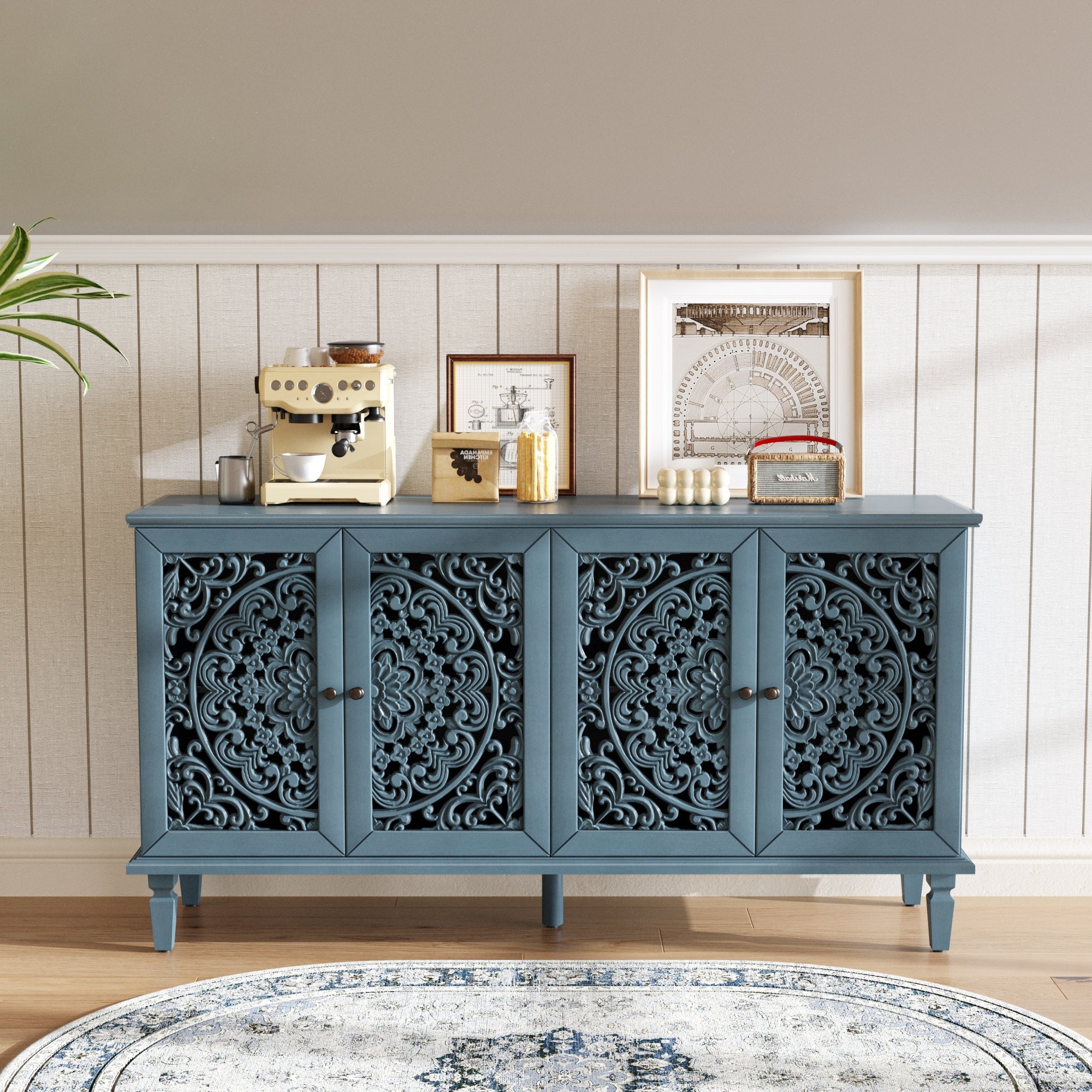 60" Antique Buffet Cabinet with Floral Carvings and Adjustable Shelves